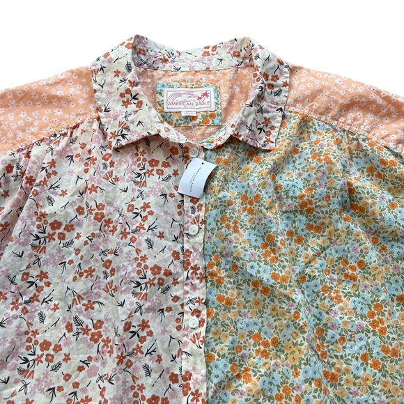 American Eagle Women's Large Orange & Floral Oversized Resort Button Front Shirt - Picture 8 of 13